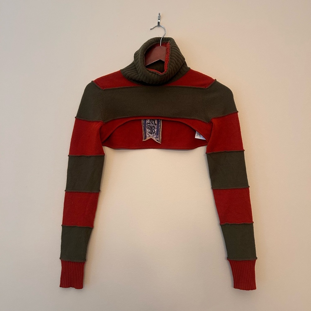 vintage lamb orange green striped cashmere cropped sweater turtleneck